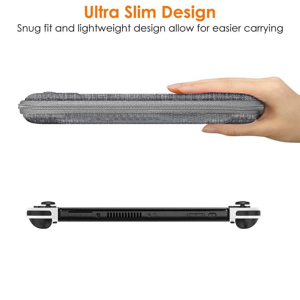 Ultra slim laptop sleeve being held in one hand, showcasing its lightweight design and snug fit for easy portability.