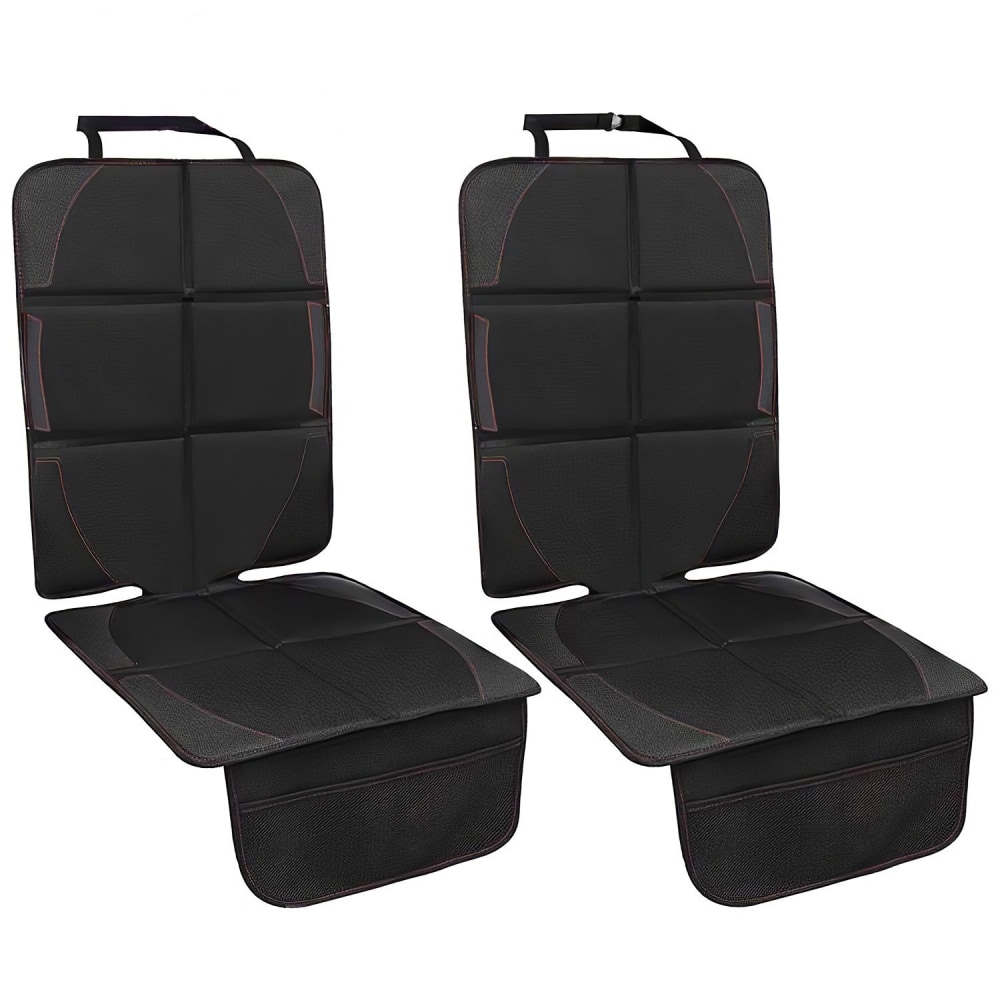 Car seat covers in black with stylish stitching, designed for maximum comfort and protection, featuring a unique padded design and practical storage pockets.