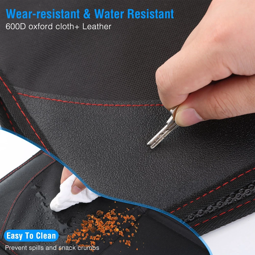 Close-up of a hand cleaning a water-resistant, wear-resistant 600D oxford cloth and leather surface, demonstrating easy maintenance by wiping away spills and crumbs.