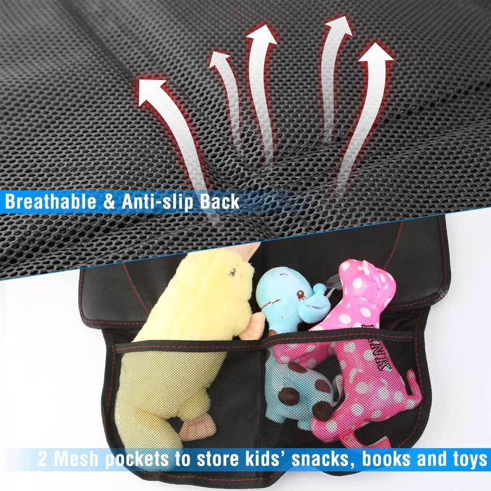 Breathable anti-slip car backseat organizer featuring 2 mesh pockets for kids' snacks, books, and toys, with arrows indicating airflow.