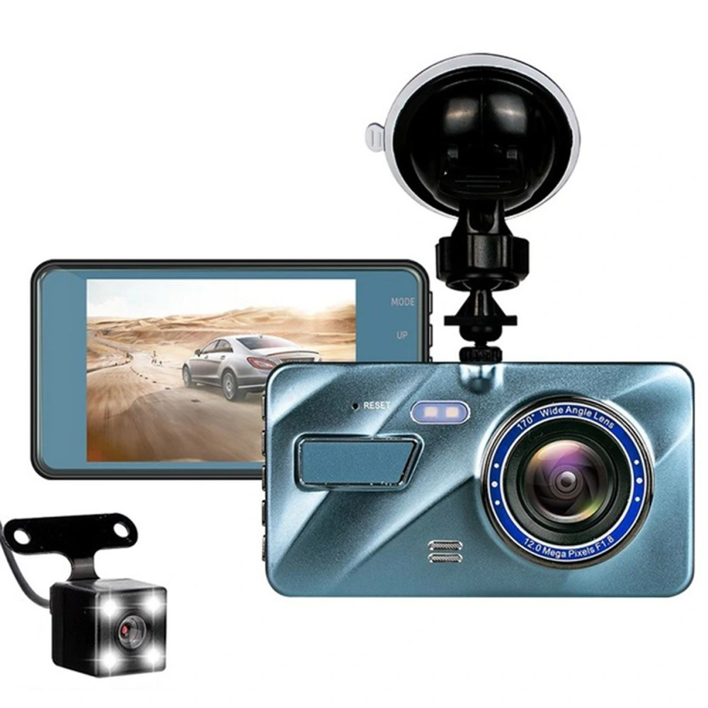 Car dashboard camera with a 12.0 Mega Pixel lens, 170° wide angle, and a rearview display for capturing high-quality video footage.