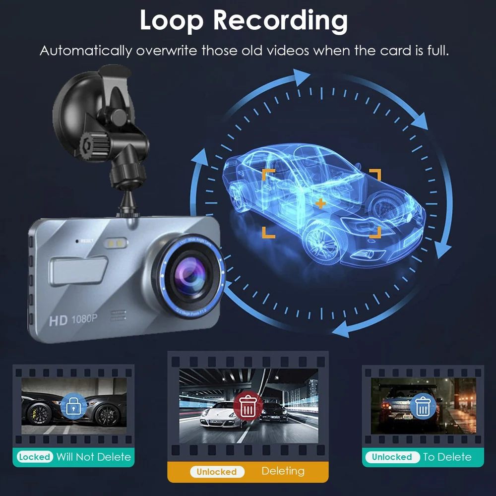 HD 1080P car dash camera with loop recording feature, showcasing sleek design and intuitive video management interface.