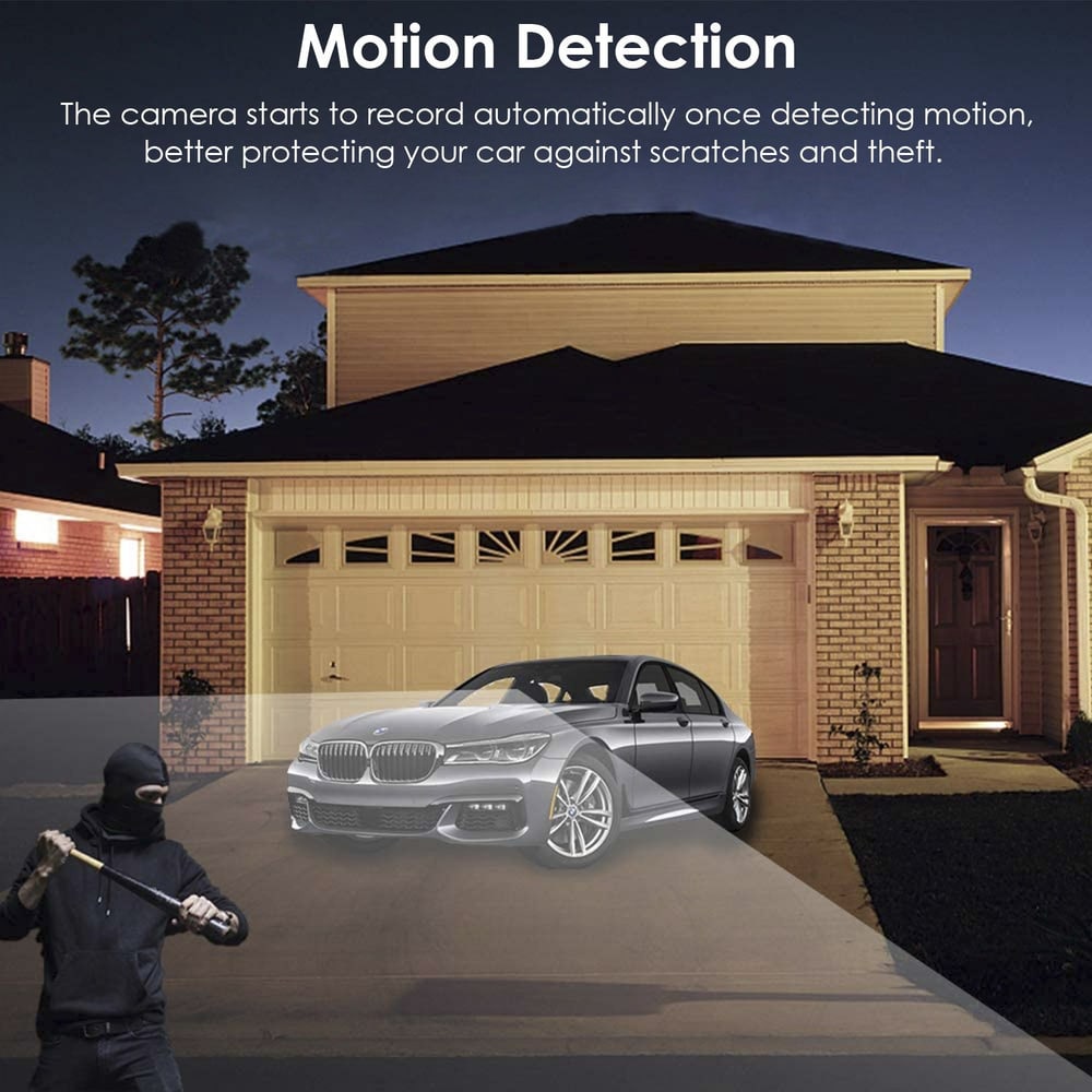 Product image of a car security camera demonstrating motion detection technology, showing a parked gray BMW in a driveway as a thief in a black hoodie attempts to approach the vehicle at night.