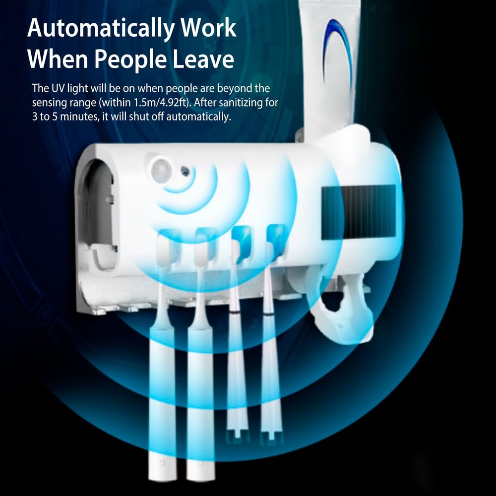 Automatic UV sanitizer with sensor technology for efficient disinfection when no one is present, featuring multiple attachment slots for various cleaning tools.