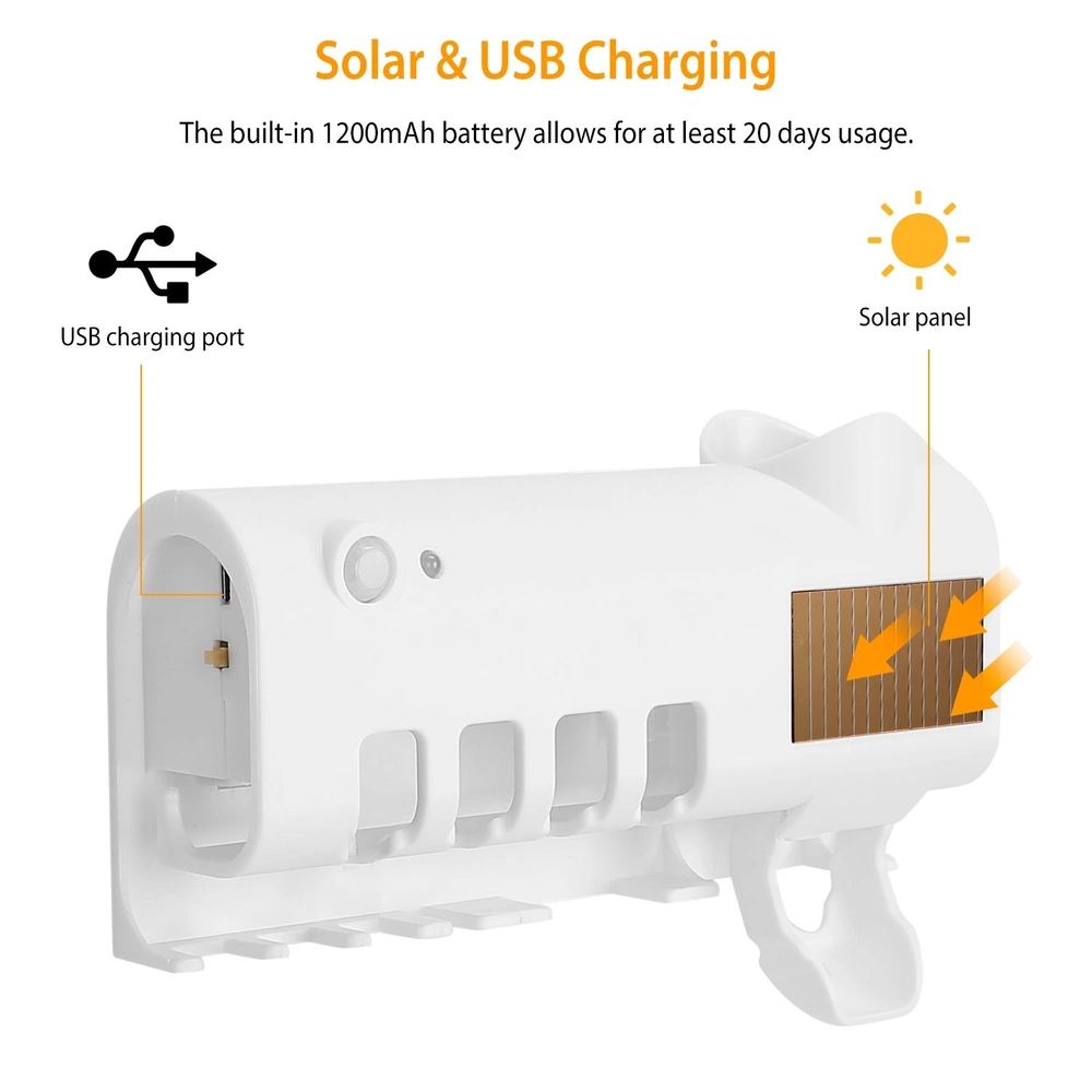 Solar and USB rechargeable device with a 1200mAh battery, featuring a solar panel and charging port for extended use of over 20 days.