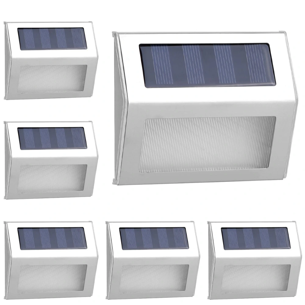 Set of six silver solar-powered wall lights with a sleek design and built-in solar panels, ideal for outdoor illumination and energy efficiency.