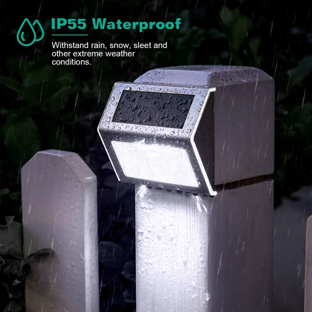 IP55 waterproof solar garden light mounted on a fence post, illuminated and showcasing raindrops to highlight durability against extreme weather.