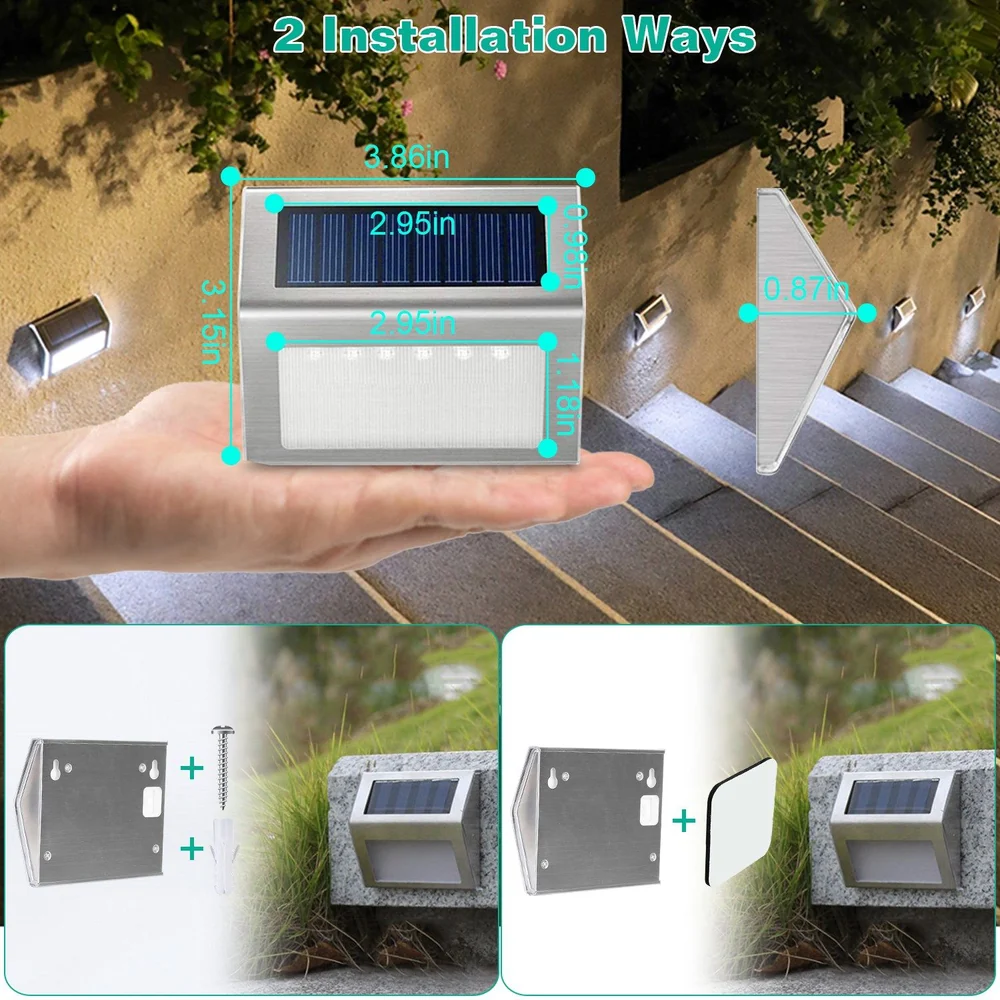Hand holding a solar-powered outdoor light with dimensions displayed, showcasing two installation options for garden or pathway lighting.