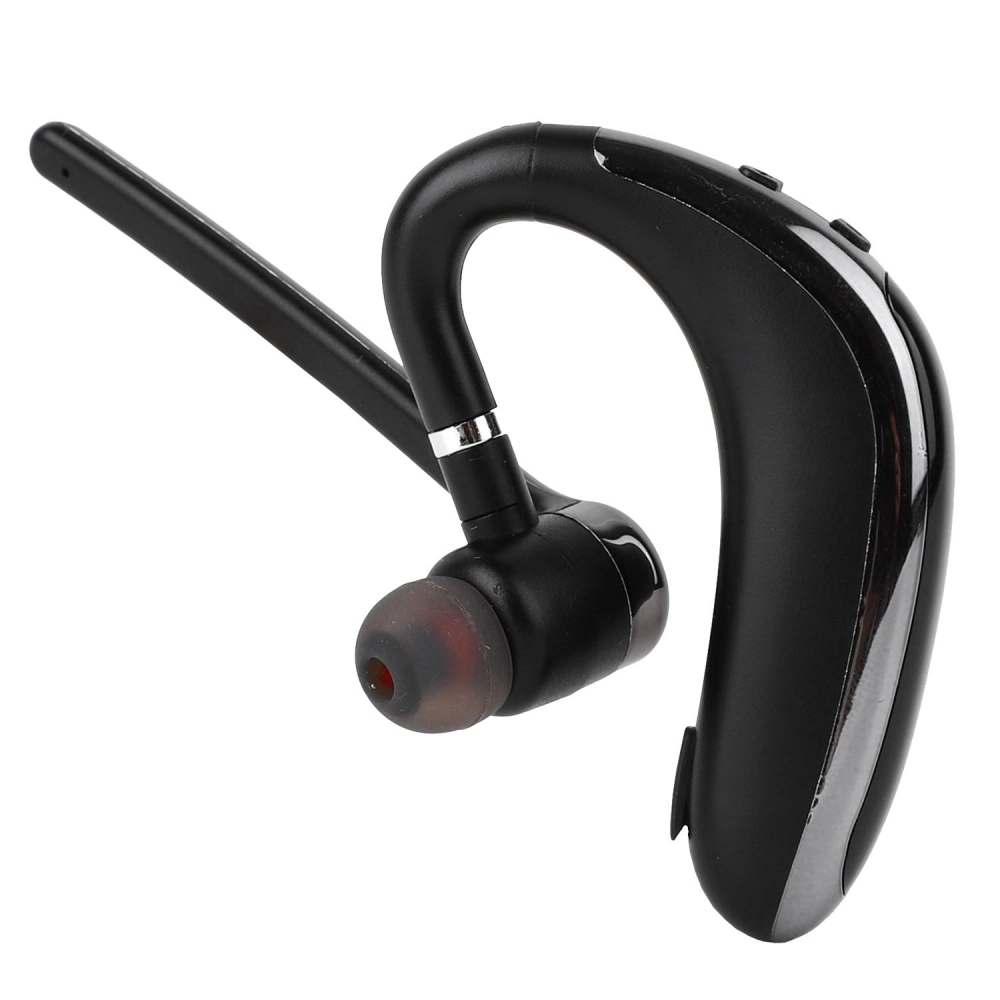 Wireless Bluetooth headset with ergonomic design and ear hook, featuring soft ear tips for comfort and convenient control buttons.