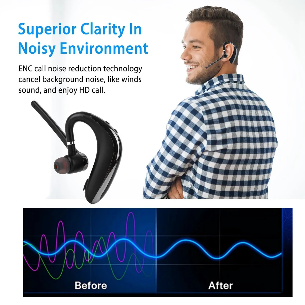 Bluetooth headset with noise reduction technology, designed for clear calls in noisy environments, featuring a sleek black design and a comfortable ear hook.