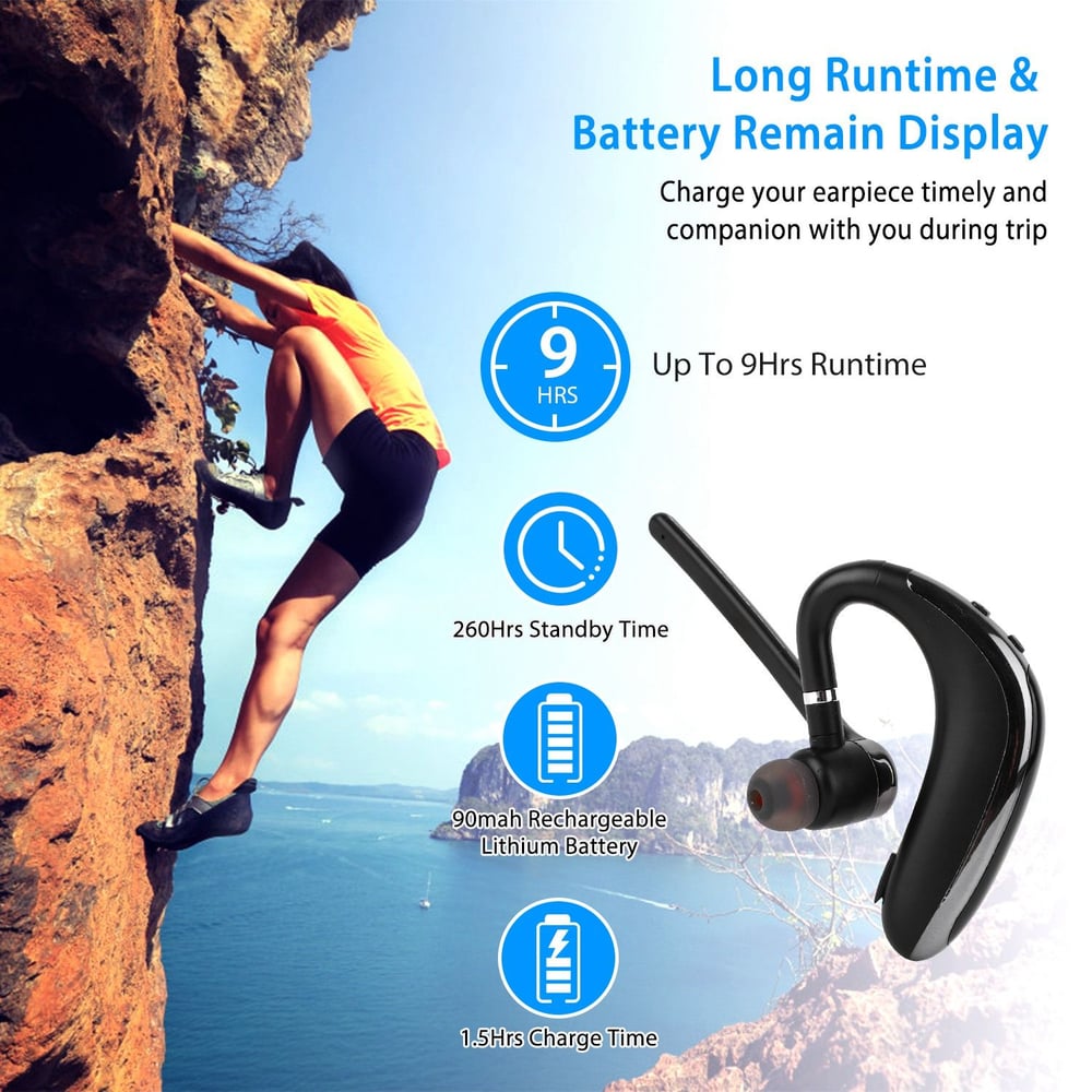 Wireless Bluetooth earphone, featuring long battery life with up to 9 hours of runtime, 260 hours standby time, and a quick 1.5 hours charge time, ideal for active lifestyles.