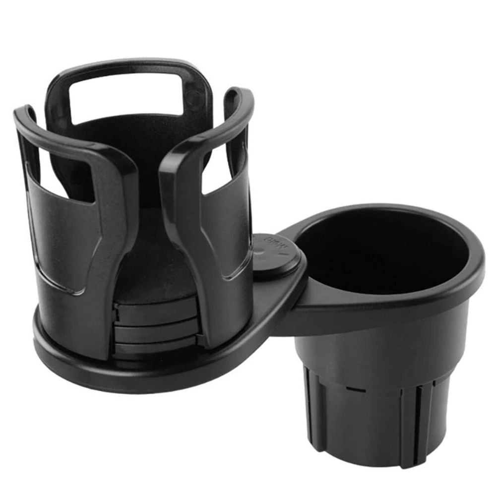 Adjustable car cup holder expander with a dual design for holding various cup sizes, featuring a sturdy black plastic construction.