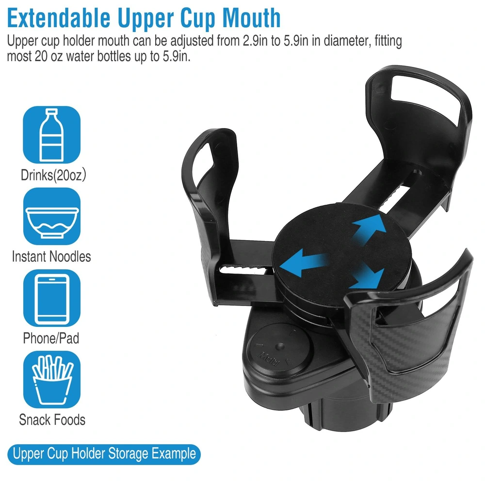 Adjustable cup holder designed to securely hold drinks, instant noodles, snacks, and phones, featuring an extendable mouth that accommodates containers between 2.9 to 5.9 inches in diameter.