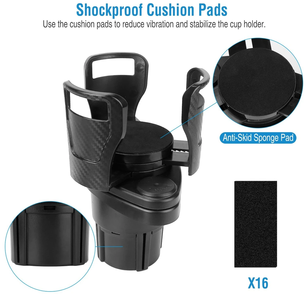 Shockproof cup holder with anti-skid sponge pad, designed to reduce vibration and provide stability, featuring a durable black carbon design.