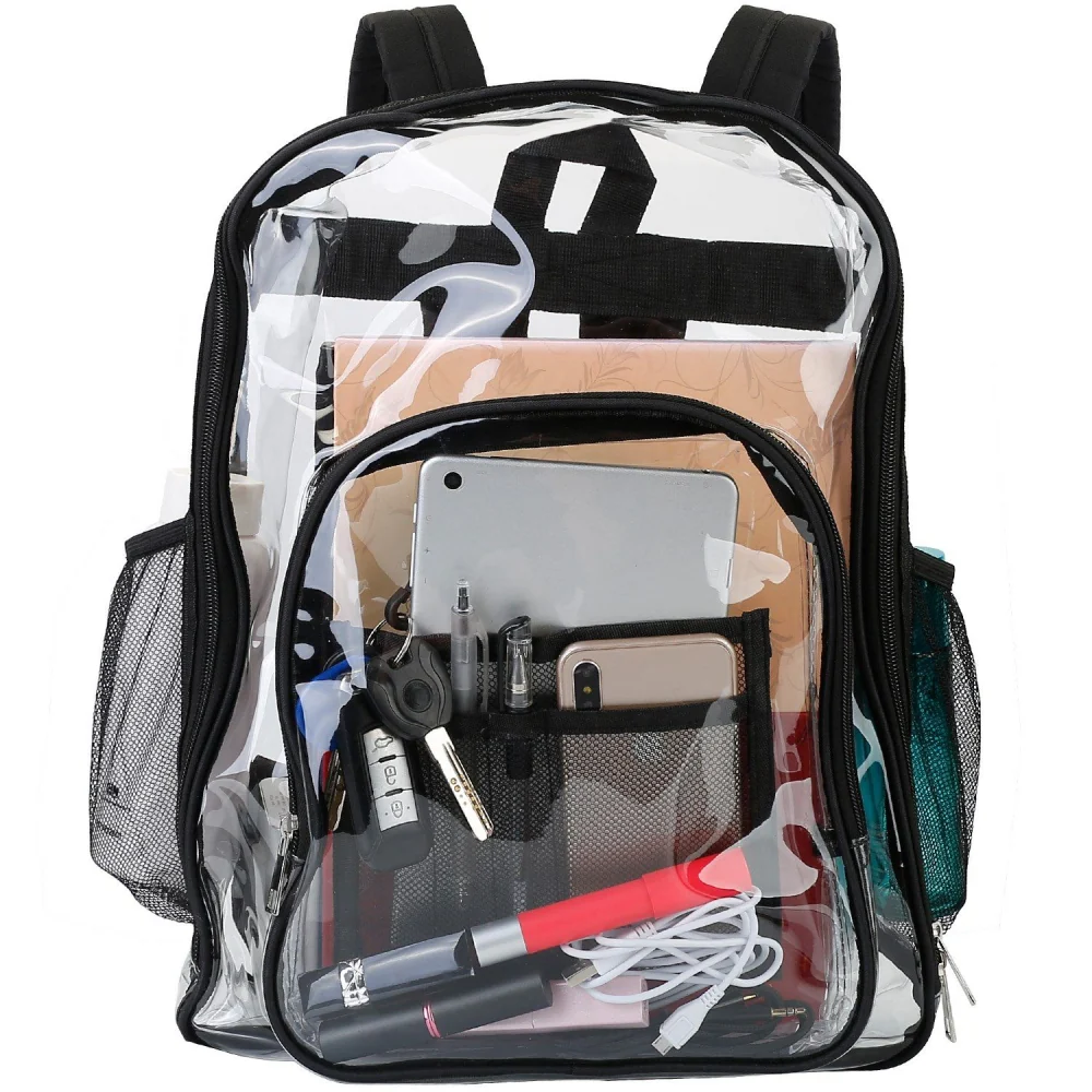 Clear backpack with various school supplies, including a tablet, notebooks, pens, phone, and headphones, showcasing an organized interior view.