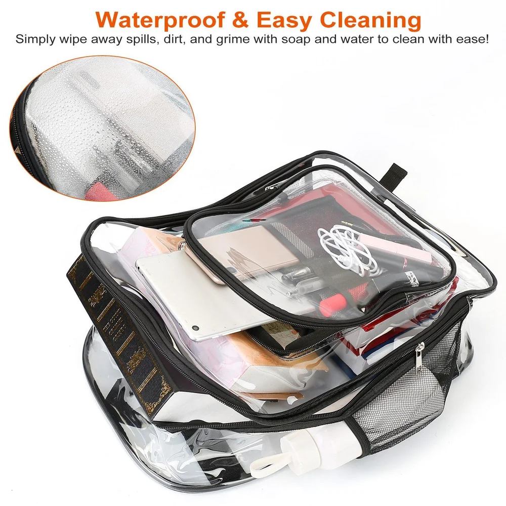 Transparent waterproof bag showcasing organized art supplies, stationery, and personal items, featuring easy-clean design for spills and dirt removal.
