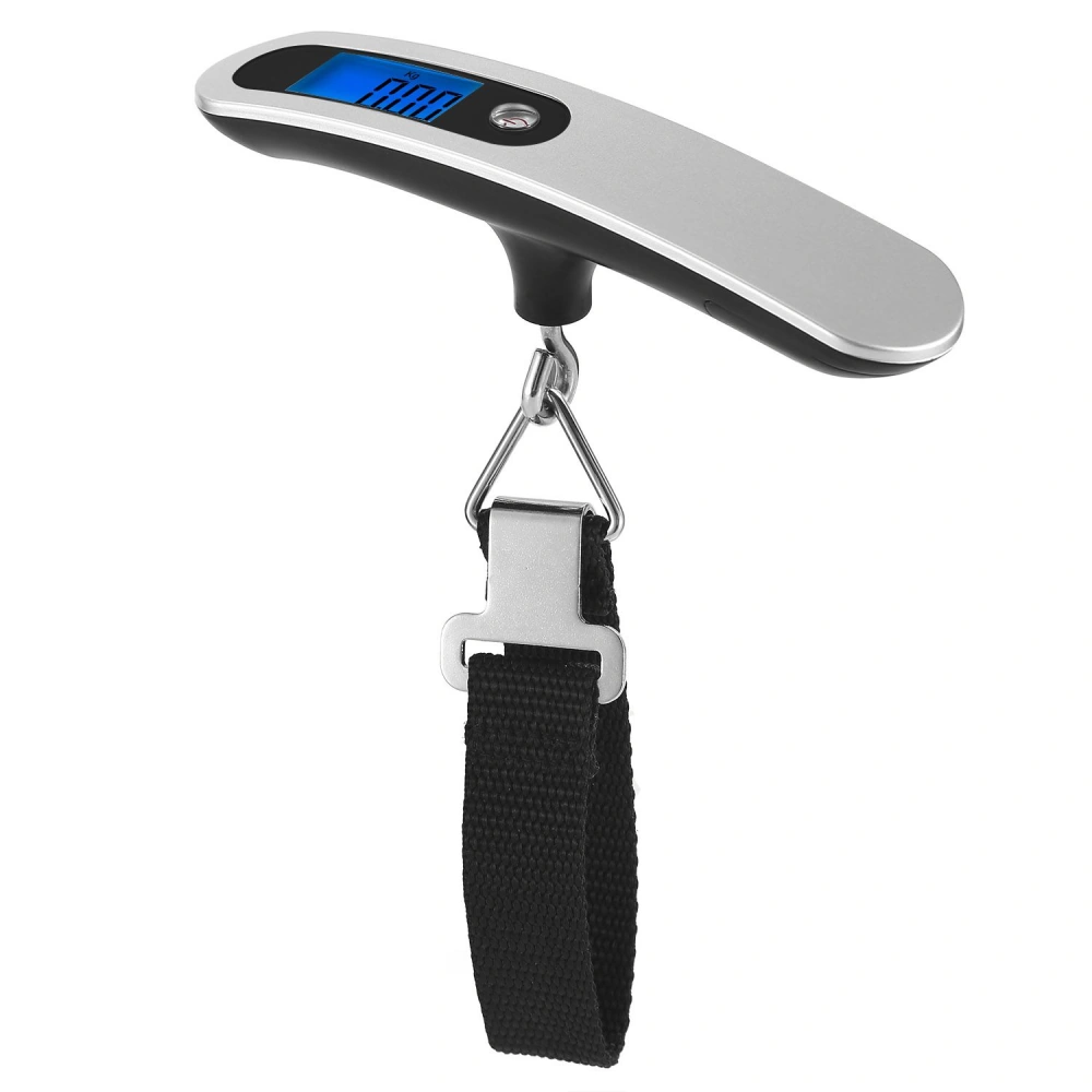 Digital luggage scale with an ergonomic handle, LCD display, and adjustable strap for weighing bags and suitcases.