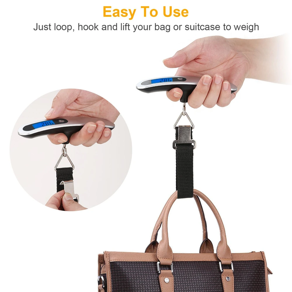 Digital luggage scale being used to weigh a handbag, featuring a user holding the scale with a bright display and a strap attached to the bag for easy weighing.