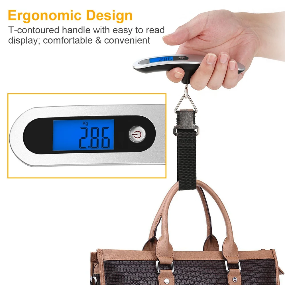 Digital luggage scale displaying weight of 2.86 kg, held by a hand with a T-contoured ergonomic handle, designed for comfort and easy reading of measurements.