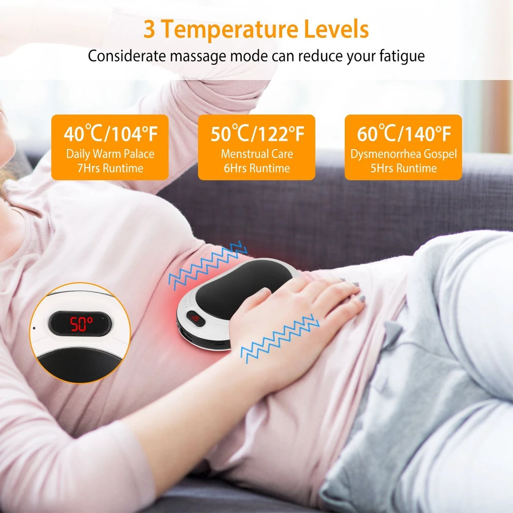 Portable heating pad with three adjustable temperature settings (40°C, 50°C, 60°C) for menstrual pain relief and muscle relaxation, displayed on a woman's abdomen while she relaxes on a couch.