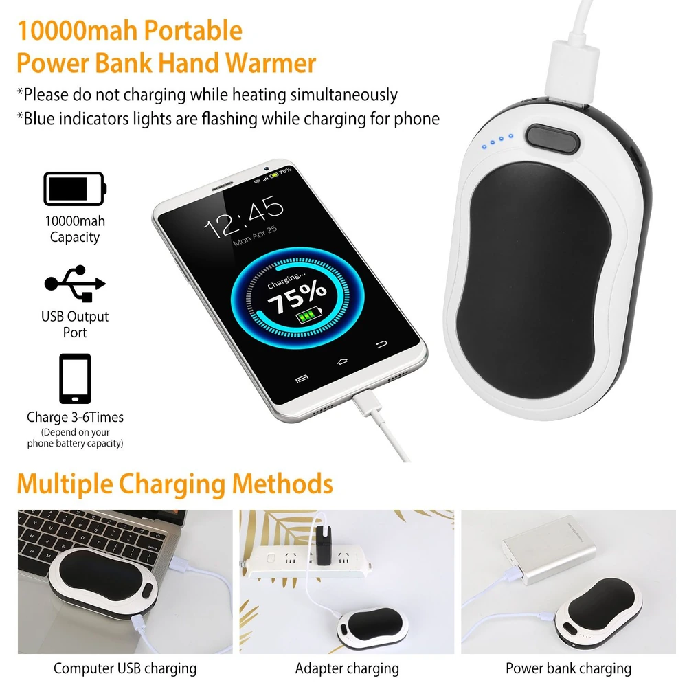 10000mAh portable power bank hand warmer with USB output, showcasing charging indicators and multiple charging methods including computer and adapter connections.