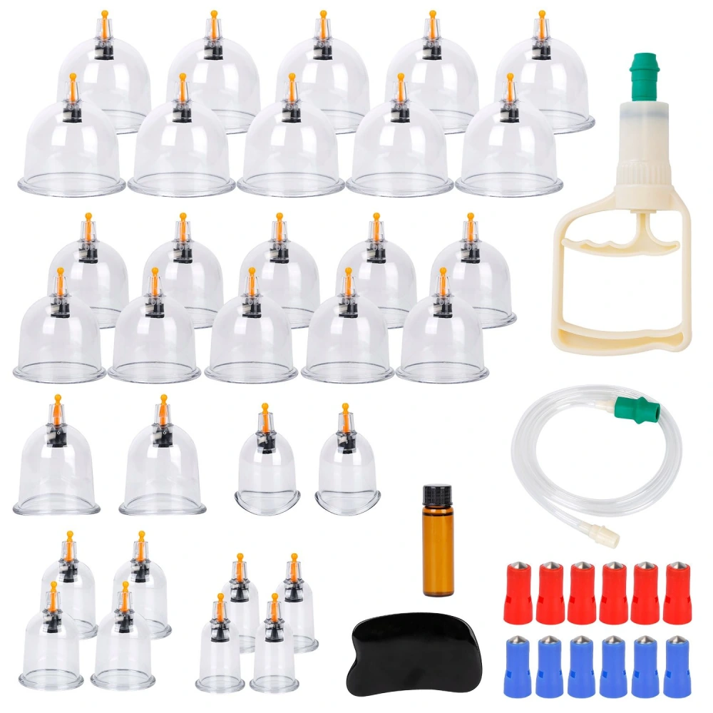 Cupping therapy kit with 24 transparent suction cups, a hand pump, therapy oil bottle, silicone scraping tool, and color-coded suction cup attachments. Ideal for massage and muscle relief.