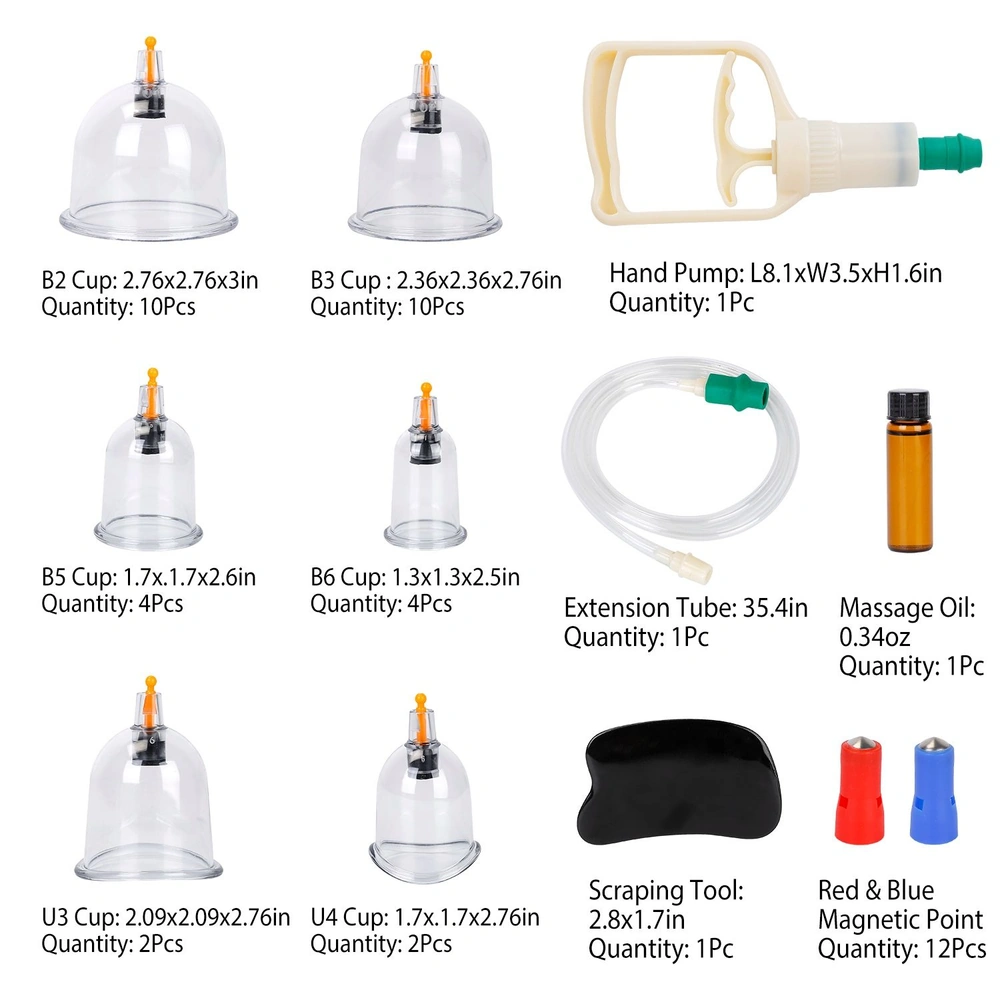 Cupping therapy kit featuring various clear suction cups, a hand pump, extension tube, massage oil, a scraping tool, and magnetic points, designed for body massage and relaxation.