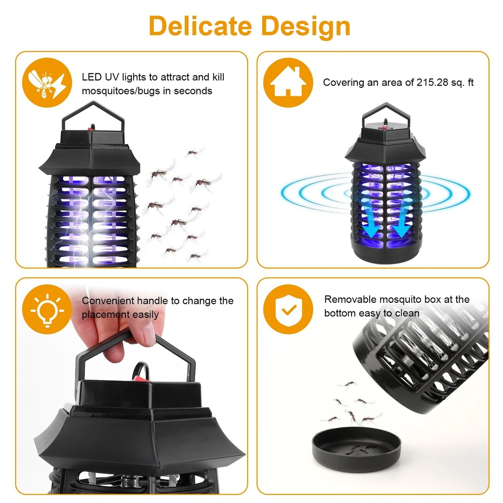UV LED mosquito killer lamp with a removable collection tray and convenient handle, designed to cover 215.28 sq. ft. and attract bugs effectively.