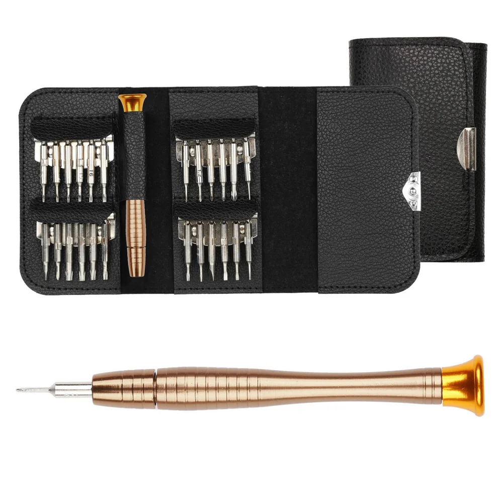 Precision screwdriver set with a stylish black storage case, featuring a golden-handled screwdriver and interchangeable bits for various repairs.