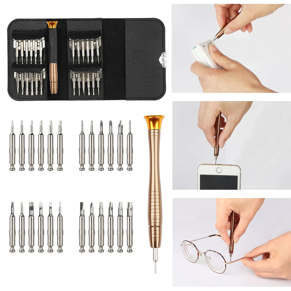 Screwdriver kit with 28 magnetic bits and an ergonomic handle, ideal for precision repairs on electronics, glasses, and more, displayed in a stylish black case.