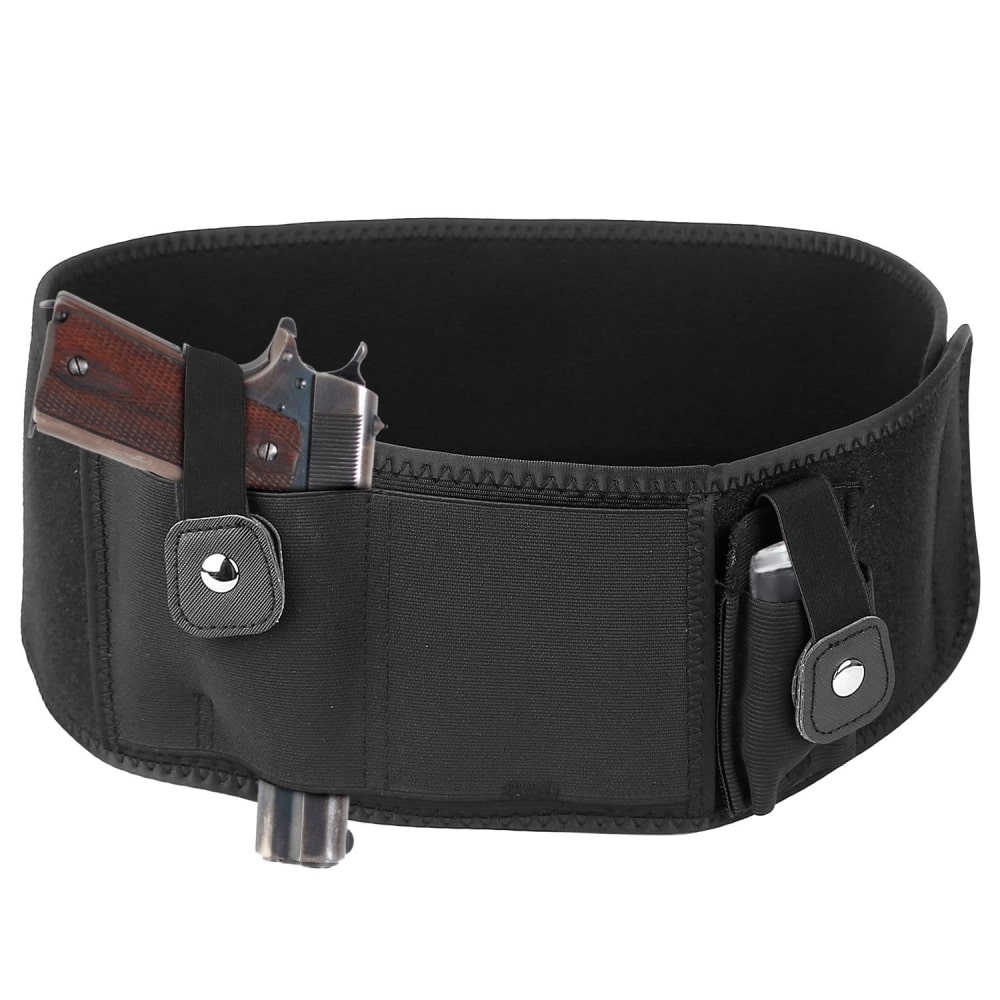 Black elastic holster belt with a handgun securely stored, featuring a sleek design for concealed carry and quick access.