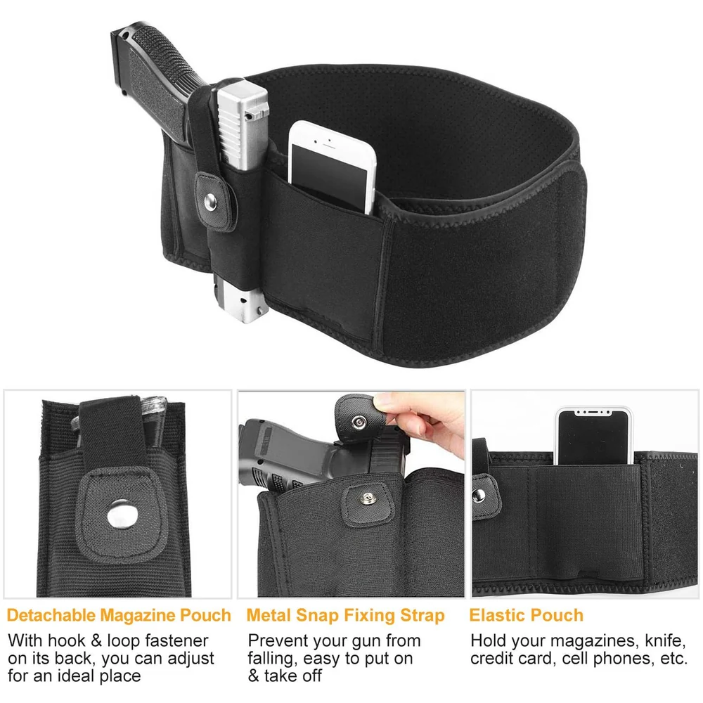 Black tactical waistband holster featuring a detachable magazine pouch, metal snap fixing strap, and elastic pocket for secure storage of a smartphone and other essentials.