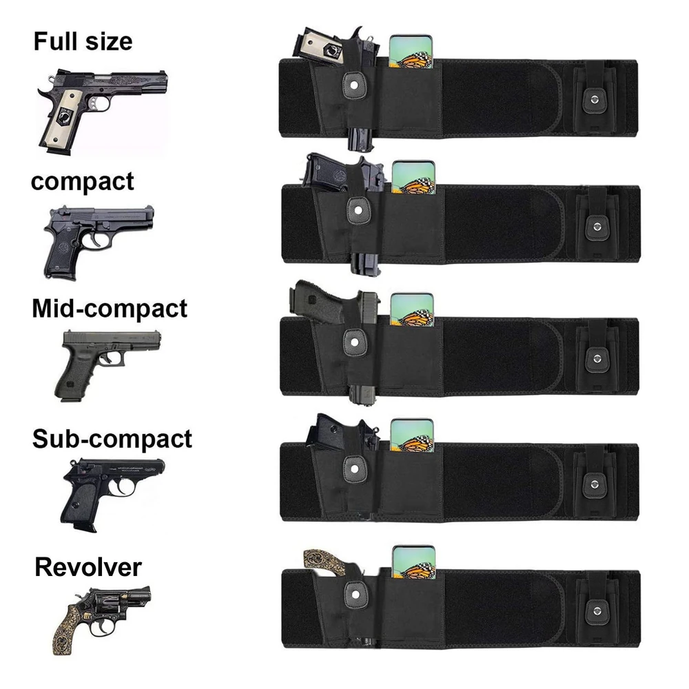 Product image showcasing various styles of holsters with handguns, including full-size, compact, mid-compact, sub-compact, and revolver models, demonstrating fit and versatility for concealed carry options.