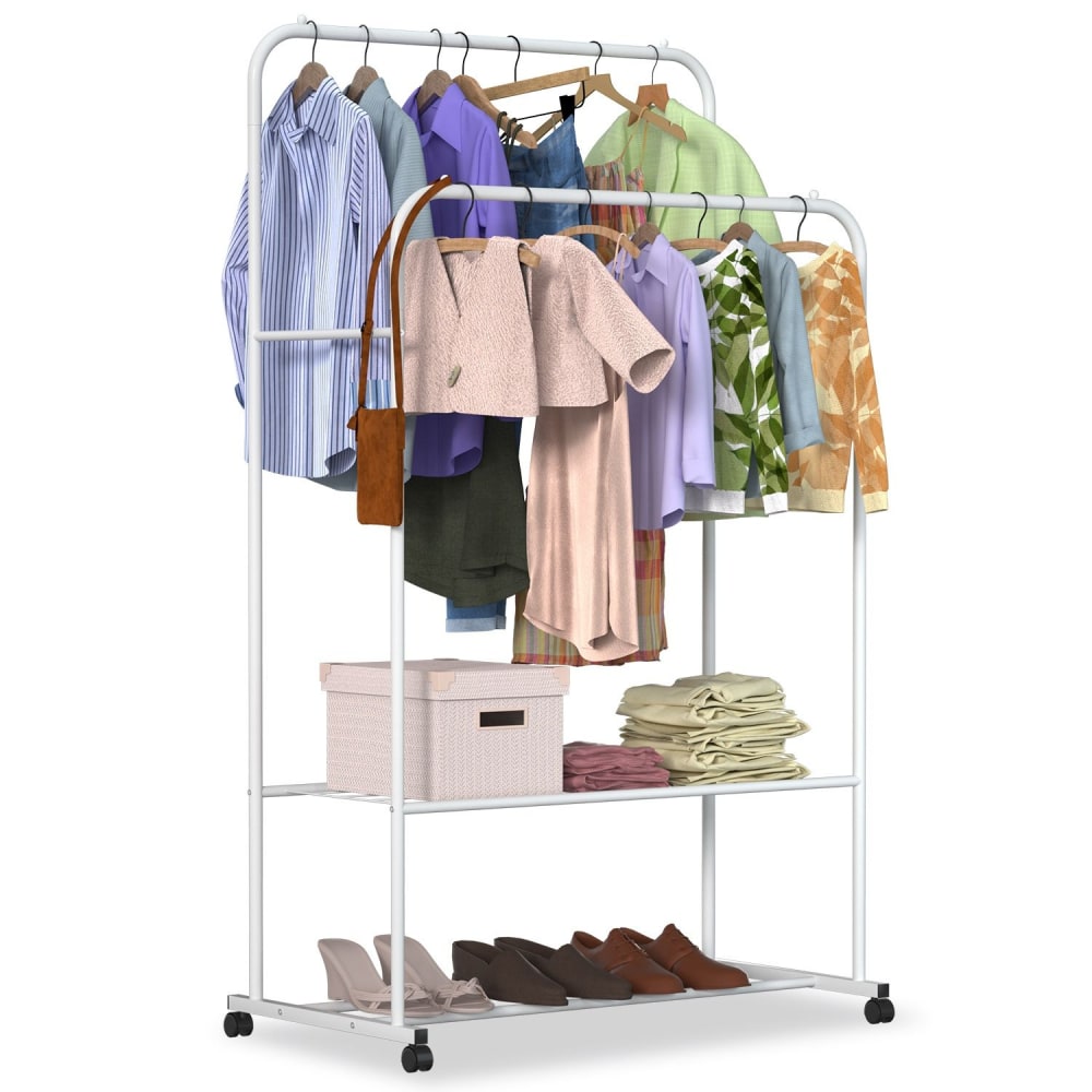 Portable clothing rack displaying a variety of casual shirts, dresses, and accessories, with a storage box and folded clothes on the bottom shelf, perfect for organizing and decluttering spaces.