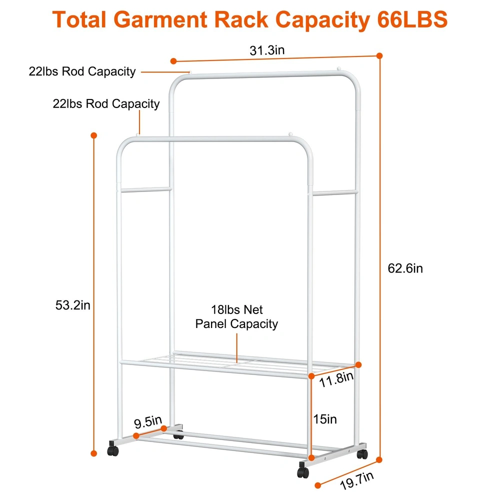 White garment rack with detailed capacity specifications, including 66 lbs total capacity, 22 lbs per rod, 18 lbs net panel capacity, and dimensions of 62.6 inches in height, 31.3 inches in width, and 19.7 inches in depth, featuring wheels for mobility.