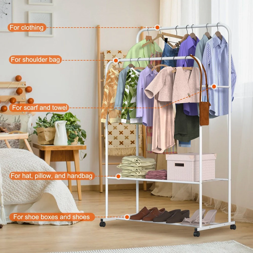 Portable clothing rack with multi-purpose storage for clothing, bags, scarves, towels, hats, and shoes, set in a cozy home interior.