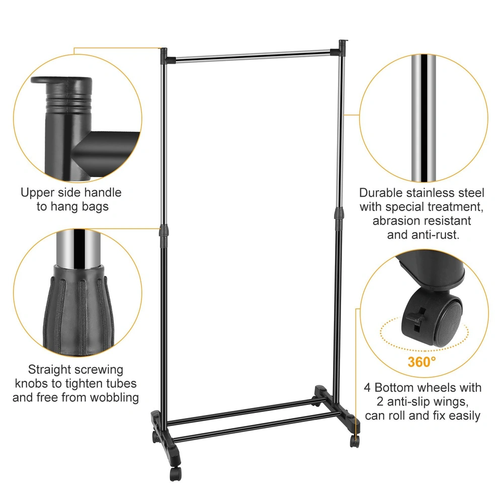 Heavy-duty portable garment rack with durable stainless steel construction, adjustable height, upper side handle for bags, and 360-degree rolling wheels with anti-slip features.