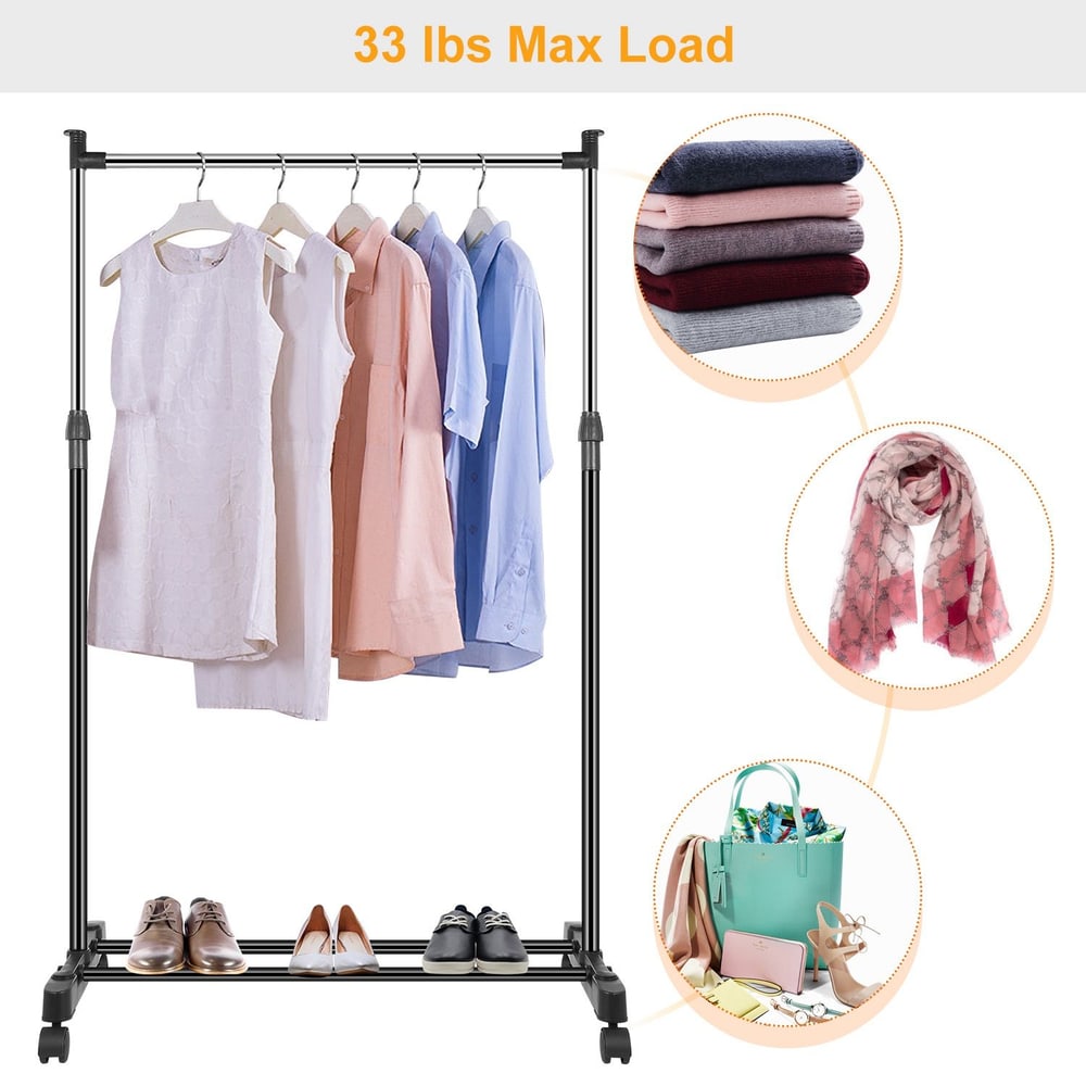 Portable clothing rack displaying various hanging garments, shoes on the bottom shelf, and showcasing its 33 lbs maximum load capacity, ideal for organizing clothes and accessories.