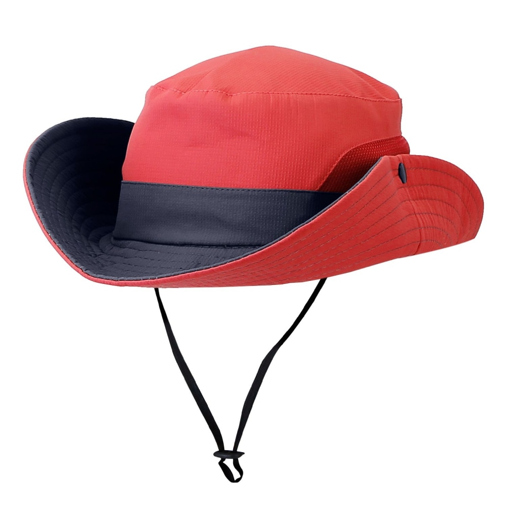 Wide-brimmed red outdoor hat with a navy blue band and chin strap, ideal for sun protection and outdoor activities.