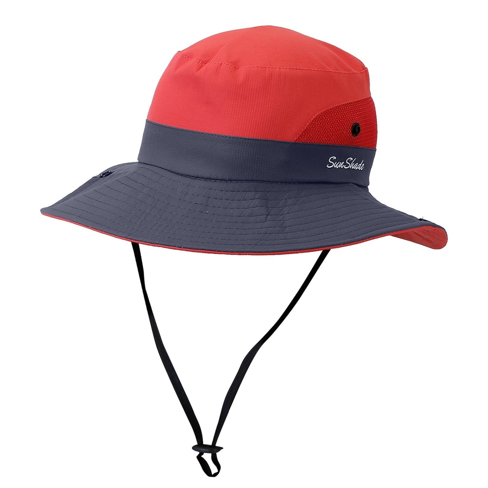 Men's two-tone red and navy blue sun protection bucket hat with adjustable chin strap, ideal for outdoor activities.