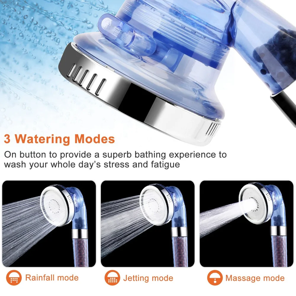 Handheld showerhead featuring three versatile watering modes: Rainfall, Jetting, and Massage, designed for a relaxing bathing experience.