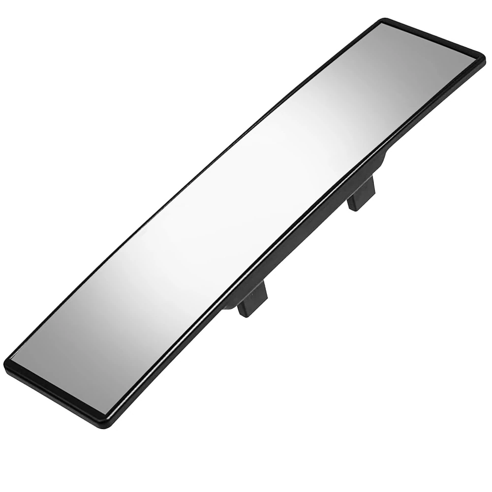 Black rectangular car rearview mirror with a sleek design and wide reflective surface for enhanced visibility while driving.
