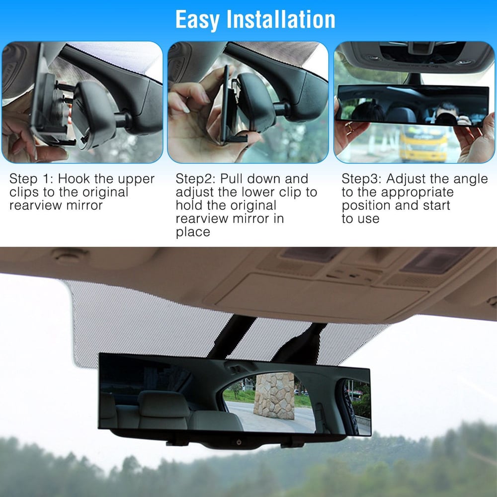 Installation guide showing three easy steps for attaching a rearview mirror clip mount to a car's original rearview mirror, demonstrating the clip mechanism and proper adjustment for use.
