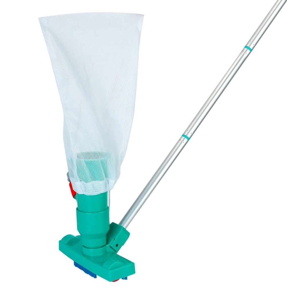 Pool skimmer with a lightweight aluminum pole and a mesh net, designed for easy removal of debris from swimming pools.
