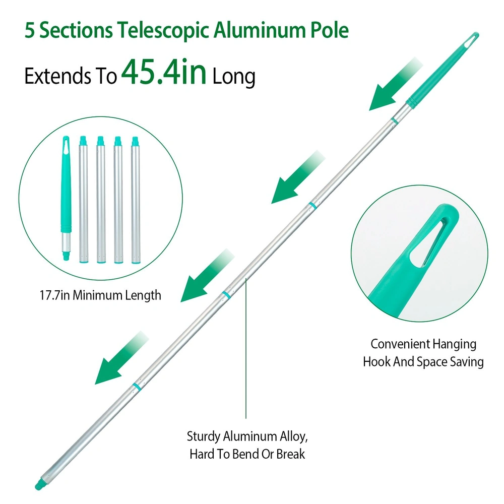 Telescopic aluminum pole with five sections, extending from 17.7 inches to 45.4 inches, featuring a convenient hanging hook and sturdy construction for durability.