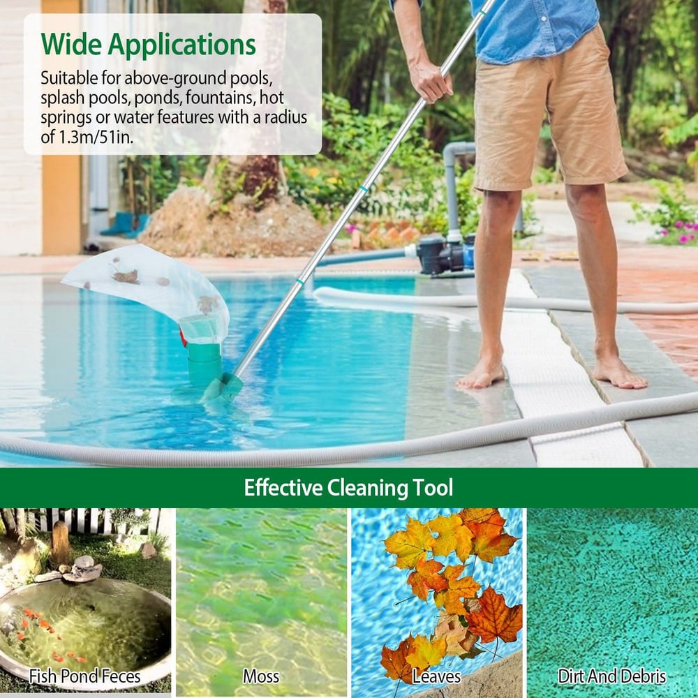 Person using a pool vacuum in a clear blue pool, demonstrating the tool's effectiveness for cleaning leaves, dirt, and moss; suitable for various water features including fountains and hot springs.