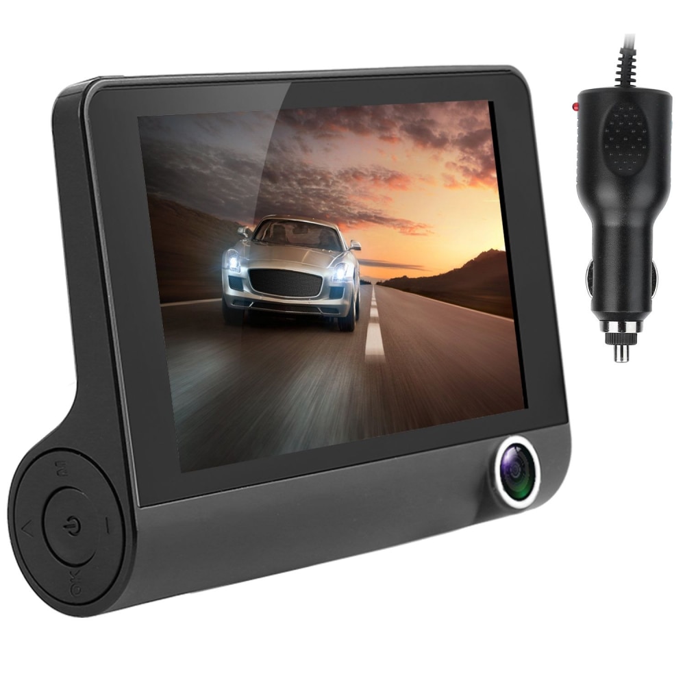 Car dash cam monitor with a high-resolution display showing a silver sports car on a road, accompanied by a car charger for power.