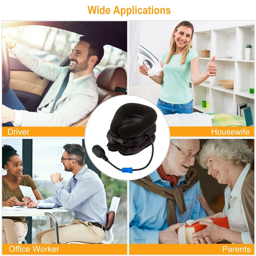 Neck traction device displayed with diverse users including a driver, office worker, housewife, and parents, showcasing its versatility and comfort for pain relief and relaxation.