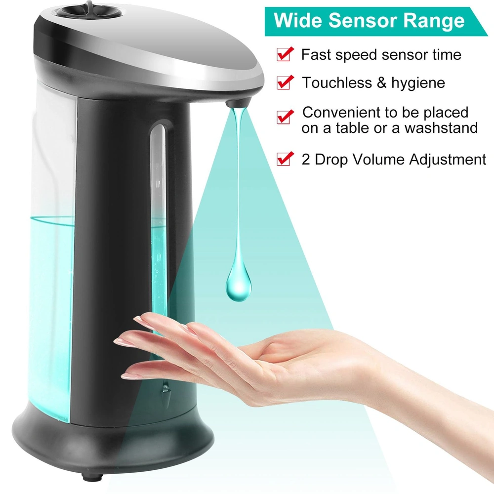Automatic touchless soap dispenser with a wide sensor range, dispensing liquid soap into a hand, featuring adjustable drop volume and a modern design for hygienic handwashing.