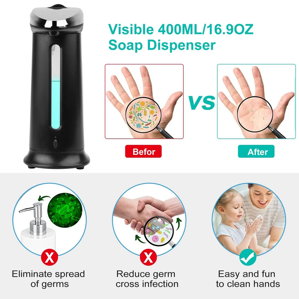 400ML visible soap dispenser in black, highlighting germ-free handwashing benefits with side-by-side visuals comparing bacteria presence before and after use.